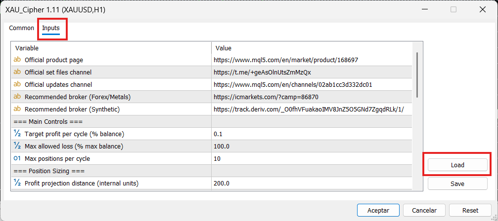 EA Inputs tab and Load button