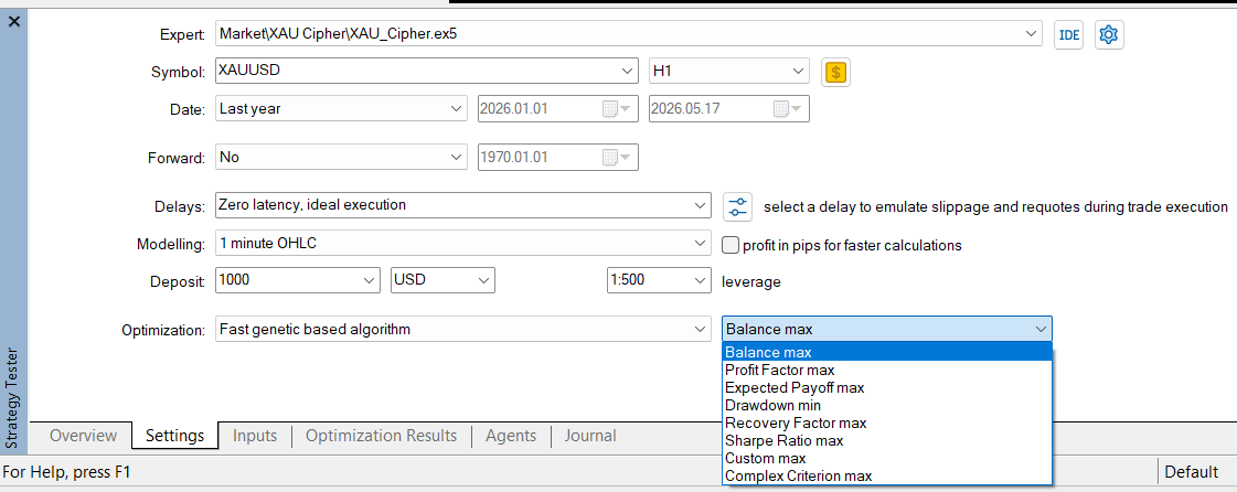 MT5 Strategy Tester Settings Tab